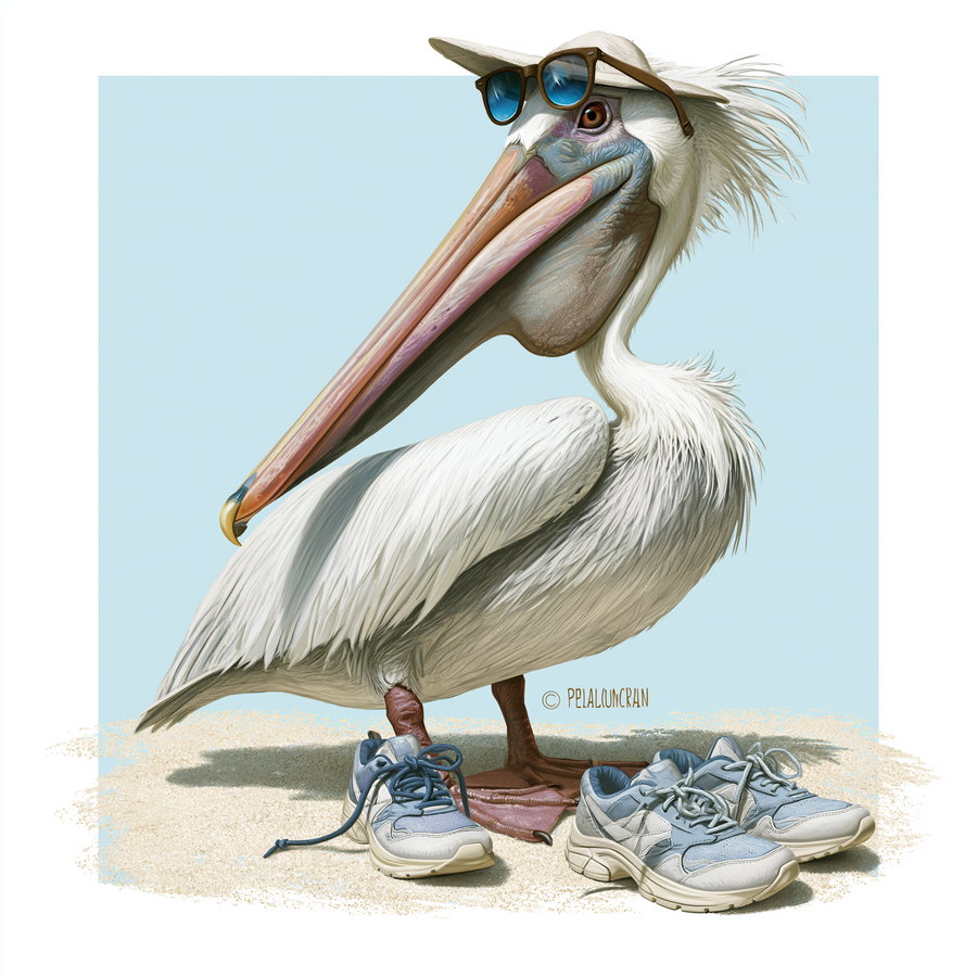 A digitally illustrated white pelican with a long beak wearing a sunhat and sunglasses stands on sandy ground next to two pairs of blue sneakers