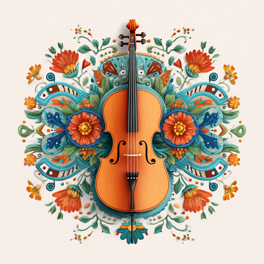 A wooden violin centered and surrounded symmetrically by ornate and colorful floral patterns with orange flowers and green leaves on a cream background