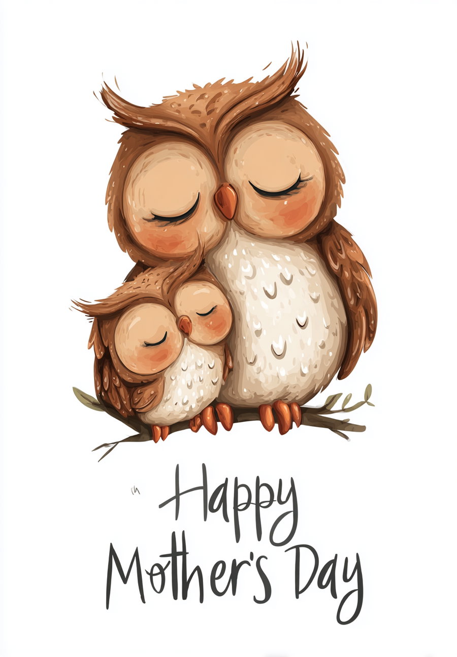 Illustration of a mother owl and baby owl with closed eyes sitting on a branch with text Happy Mother's Day