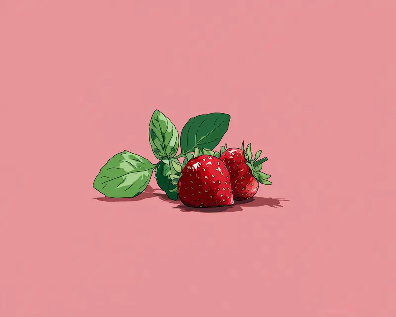 Illustrated still life of two strawberries and green leaves on pink background
