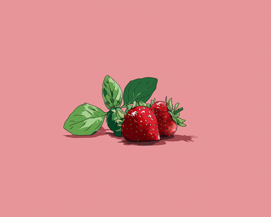 Drawing of two ripe strawberries with green leaves on a solid pink background