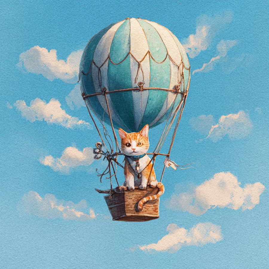 A watercolor painting of a ginger and white cat sitting in a wooden basket attached to a blue and white striped hot air balloon floating among fluffy clouds