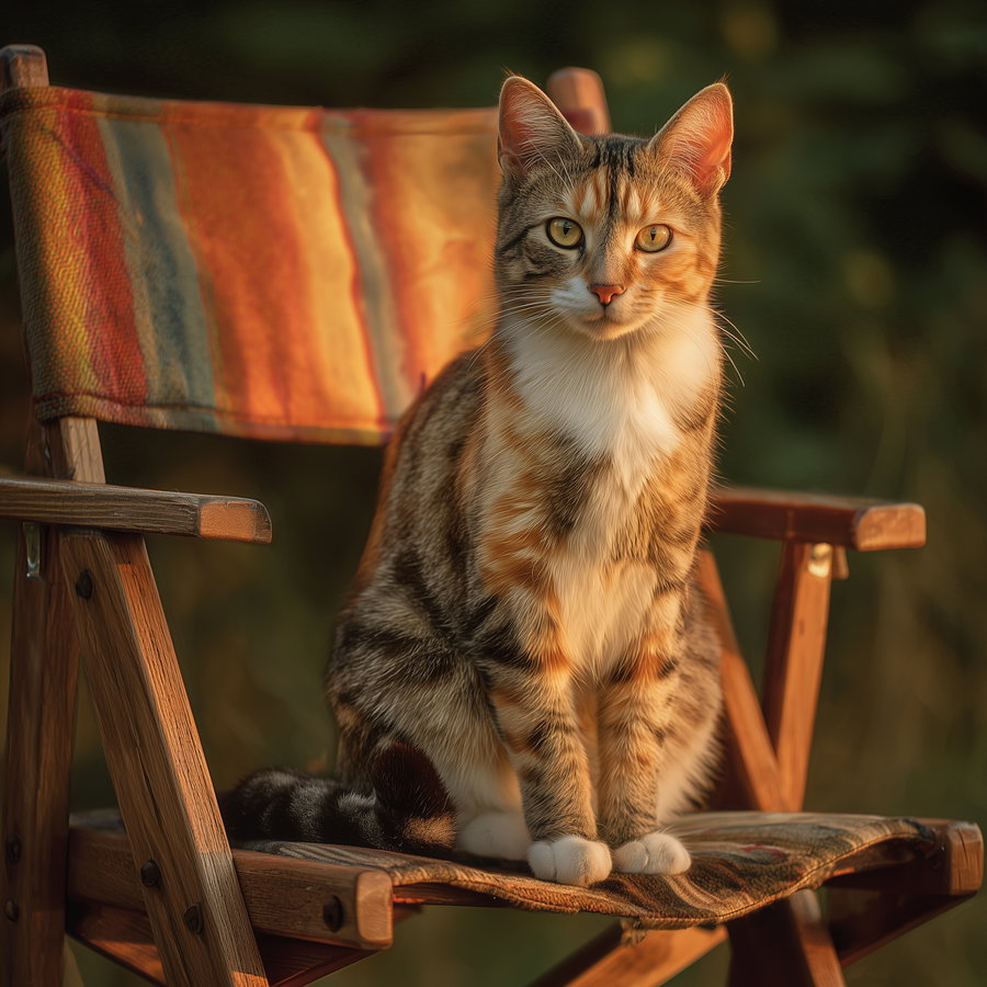 A tabby cat with orange, white, and black fur sitting on a wooden chair with a striped, colorful fabric backrest and seat, in warm natural light