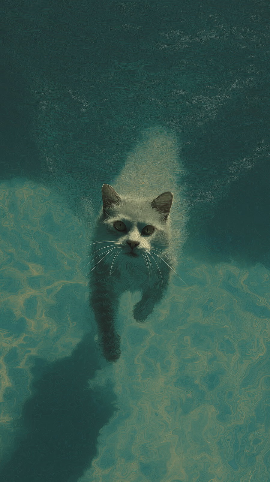 An artistic image of a white cat walking forward with a long shadow cast behind, with dark teal and greenish hues in the background.