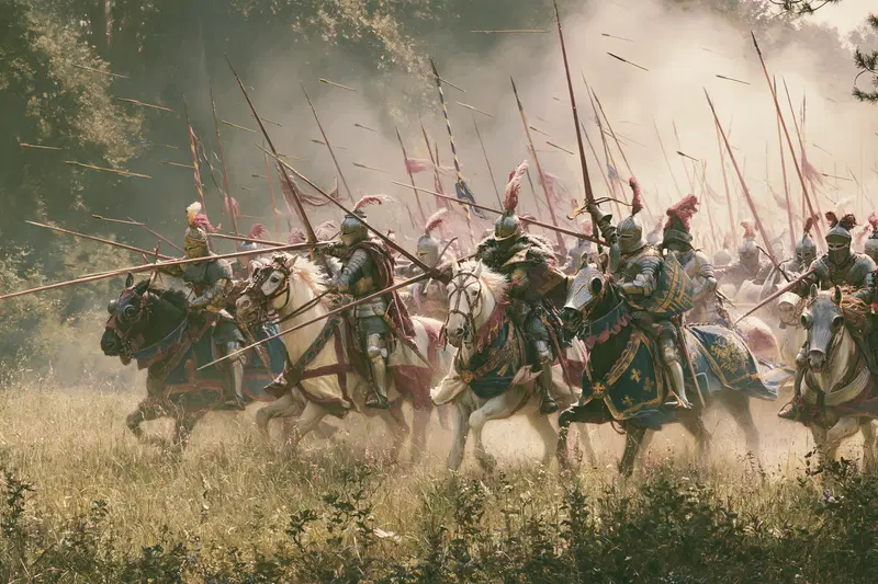 A Historic Battle Scene Featuring Armored Knights Charging on Horses