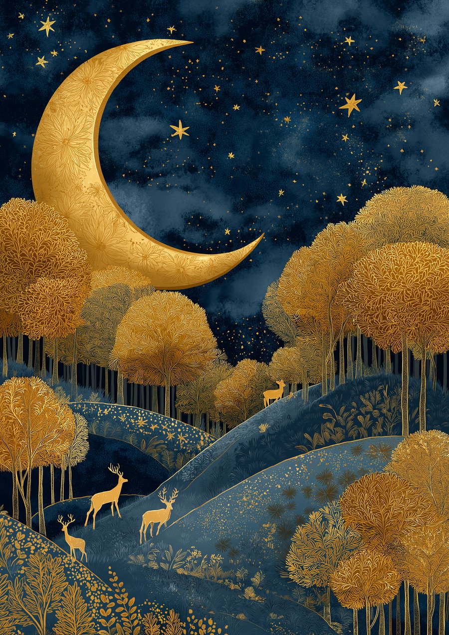Illustration of golden trees and hills with four golden deer and a large golden crescent moon against a deep blue starry sky