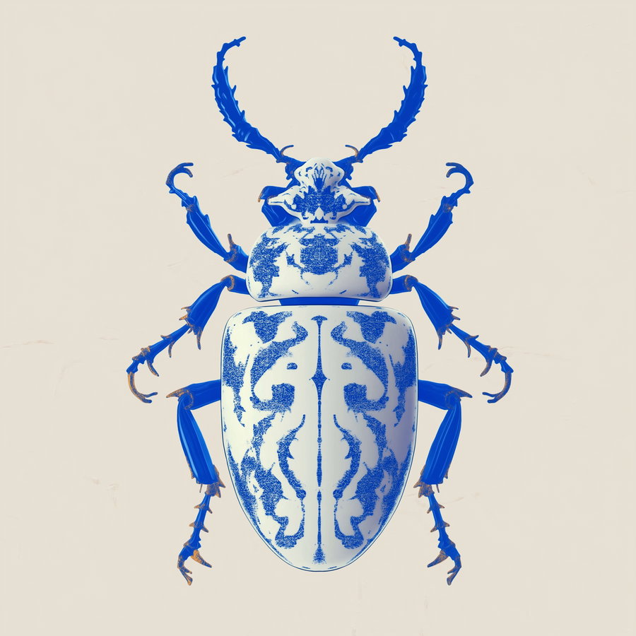 Blue and white beetle-shaped ceramic sculpture with intricate patterns on a beige background
