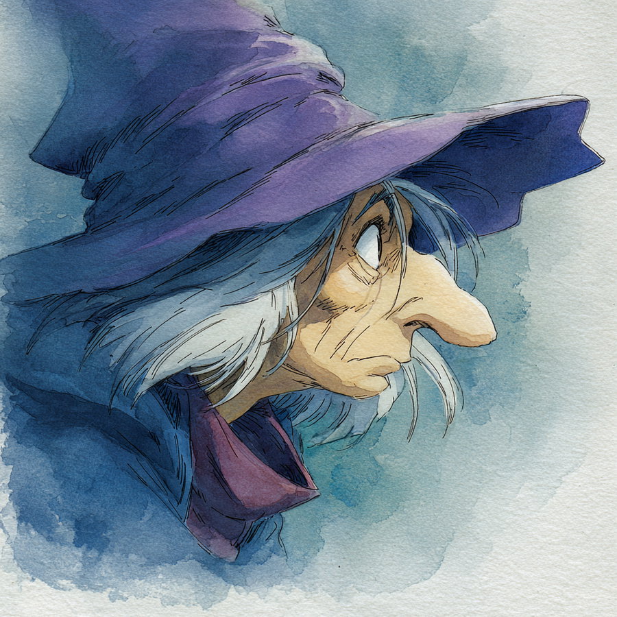 Profile view of a witch with a large purple hat, long gray hair, and a serious expression painted in watercolor