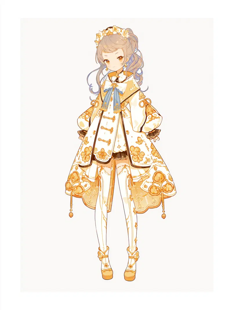 Delicate vintage-inspired illustrated character in elegant floral dress