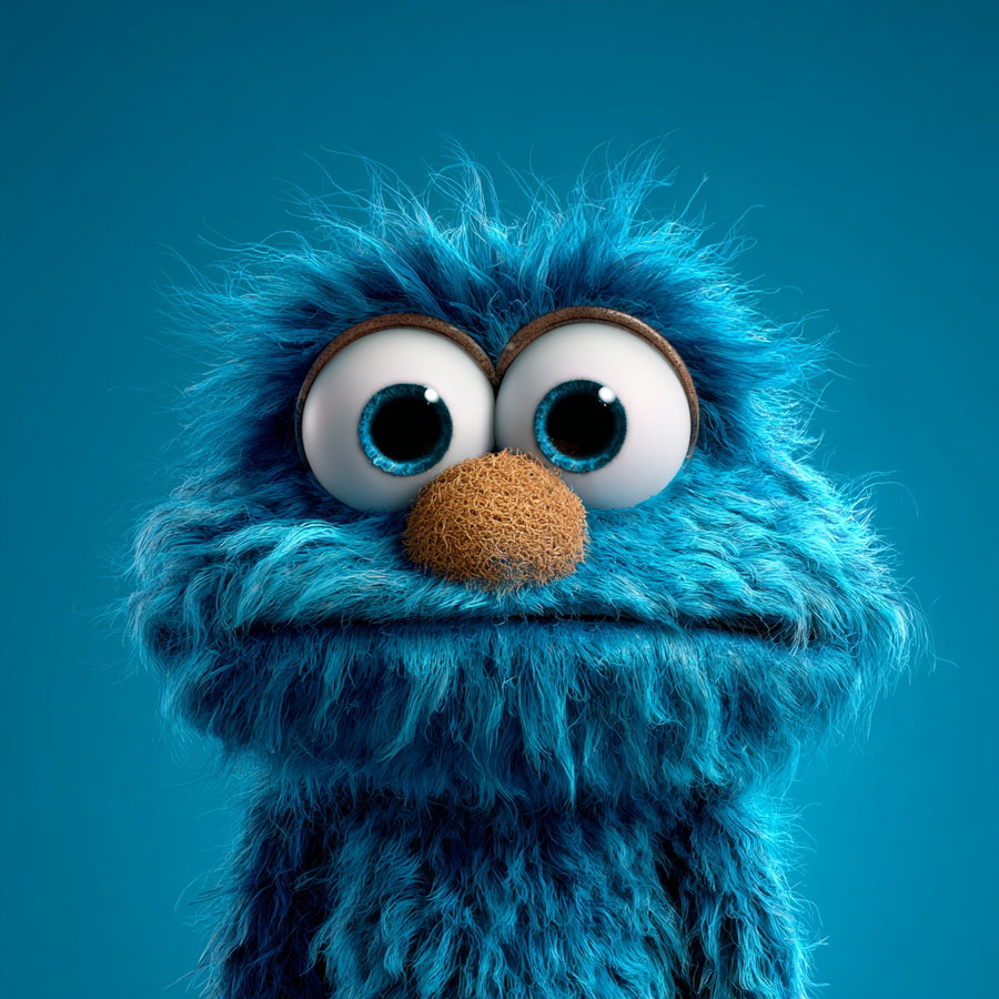 Close-up portrait of a whimsical blue furry creature with large round blue eyes and a textured brown nose against a blue background