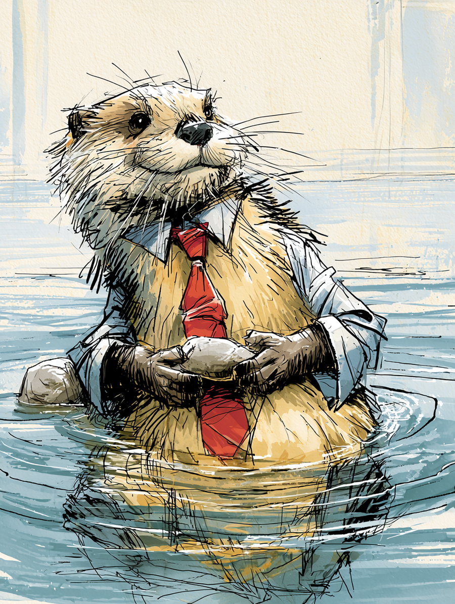 an artistic sketch of an otter standing in water wearing a shirt and red tie, holding a shell with expressive lines and soft colors