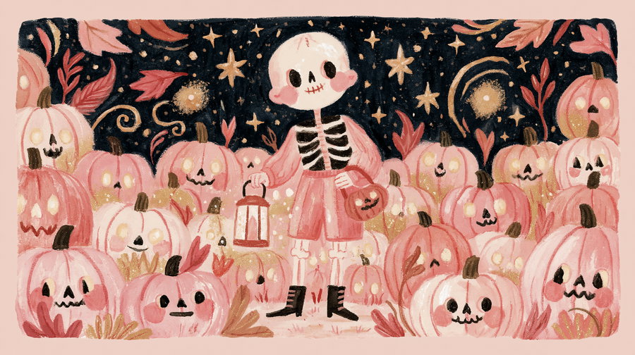 illustration of a skeleton wearing black boots and a pink outfit with a pumpkin purse and lantern, standing among many smiling carved pumpkins with a starry night sky and autumn leaves background