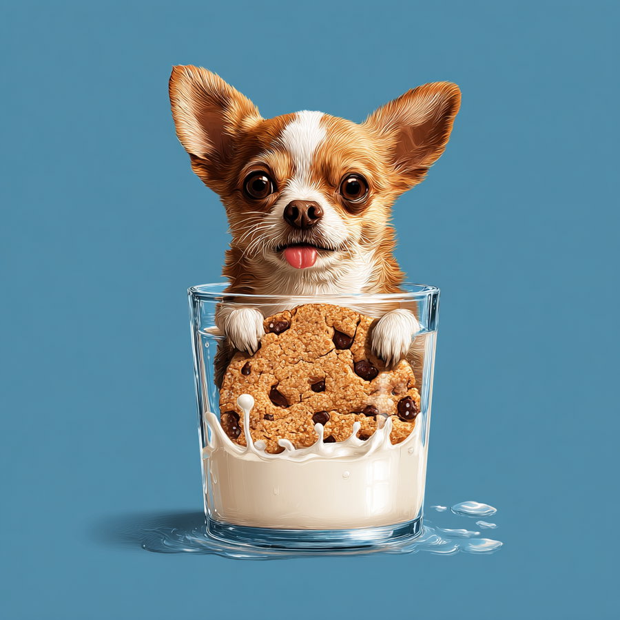 A digital illustration of a small brown and white chihuahua dog with big eyes and tongue out, holding a chocolate chip cookie inside a glass partially filled with milk on a blue background.