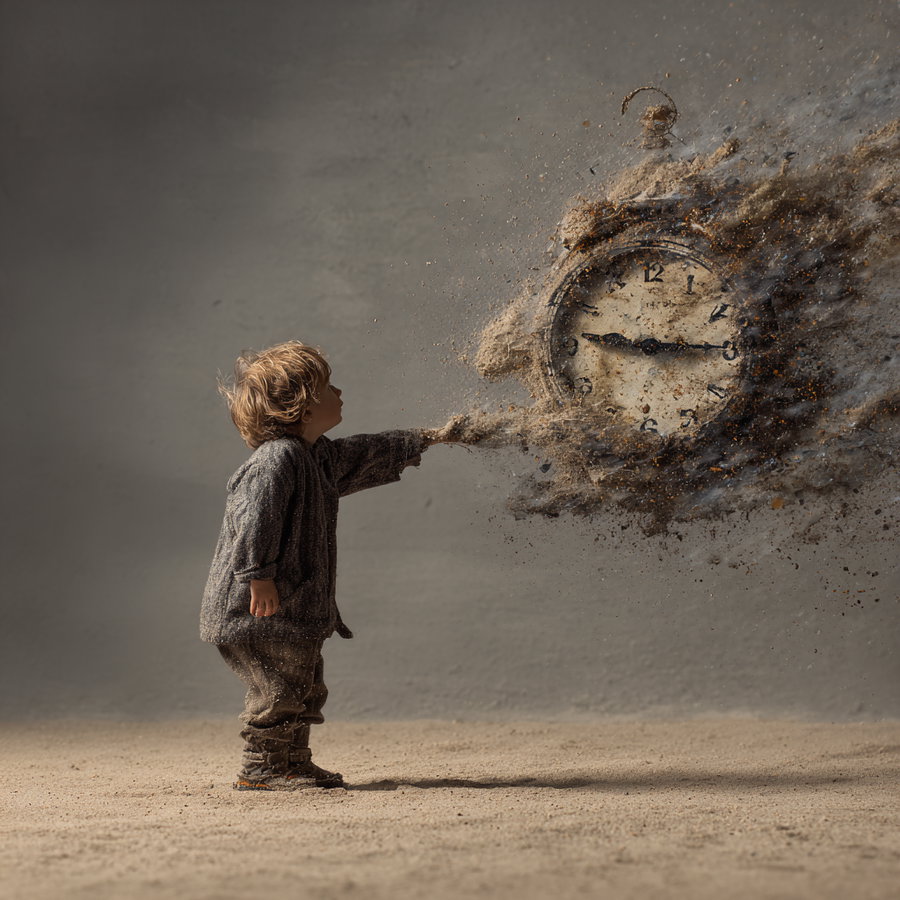 A young child in vintage clothing stands on a dusty surface, reaching toward an old-fashioned pocket watch that appears to be disintegrating into dust and smoke against a neutral background