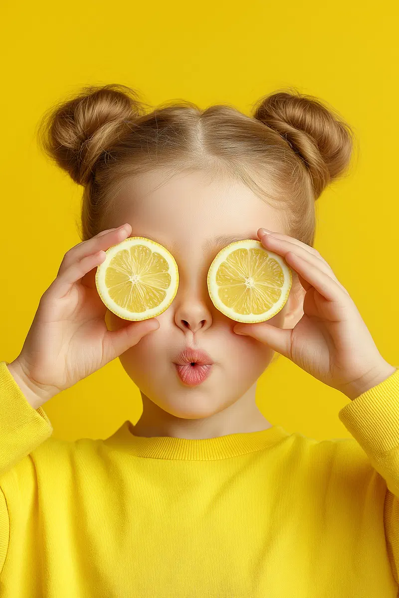 Young girl playfully holding lemon slices over her eyes in yellow tones