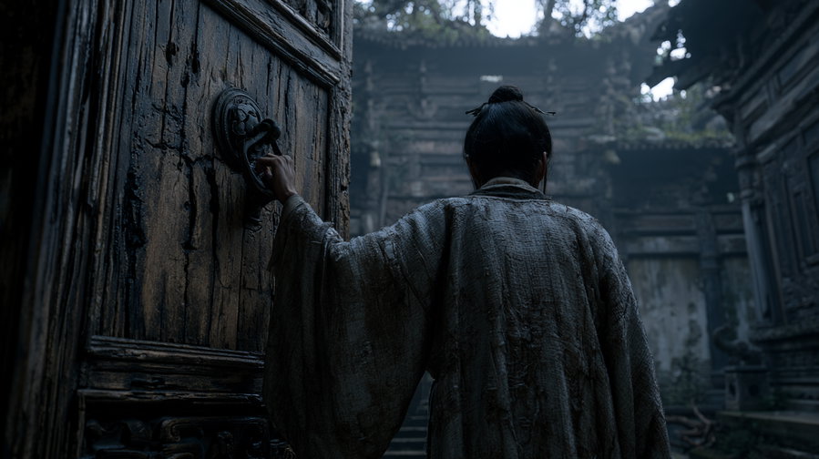 A person wearing a traditional textured robe seen from the back opening a large, weathered wooden door with a ring handle in a dim, misty architectural setting