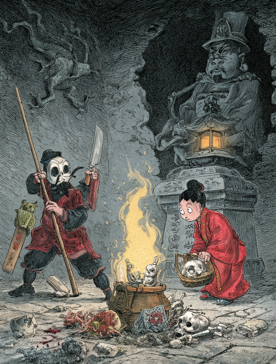 Two figures in traditional robes, one wearing a mask and holding a weapon, the other carrying a basket with skulls, standing around a glowing fire surrounded by bones and skeletons in a stone chamber with a large statue in the background
