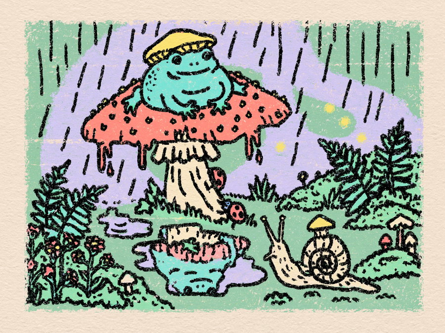 A colorful drawing showing a blue frog with a yellow cap sitting on a red mushroom, a snail wearing a yellow hat nearby, with rain falling and green foliage surrounding them
