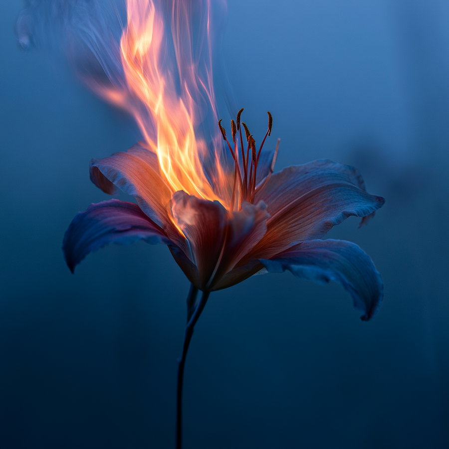Close-up of a flower resembling a lily with flames emitting from its center on a blue blurred backdrop