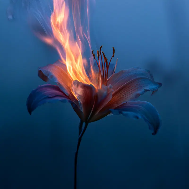 Dramatic floral art with a burning orange lily on a blue background