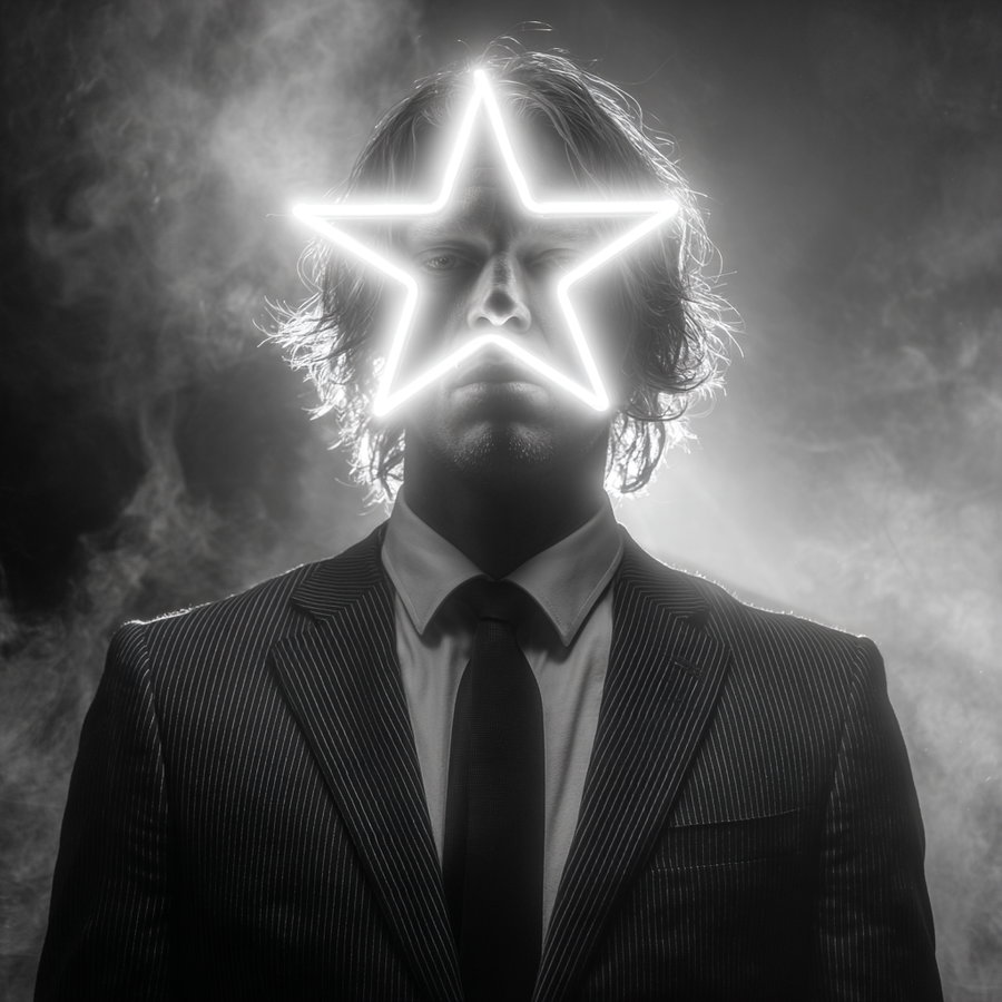 Black and white photo of a man in a striped suit and tie with a glowing neon star covering his face, surrounded by smoke.