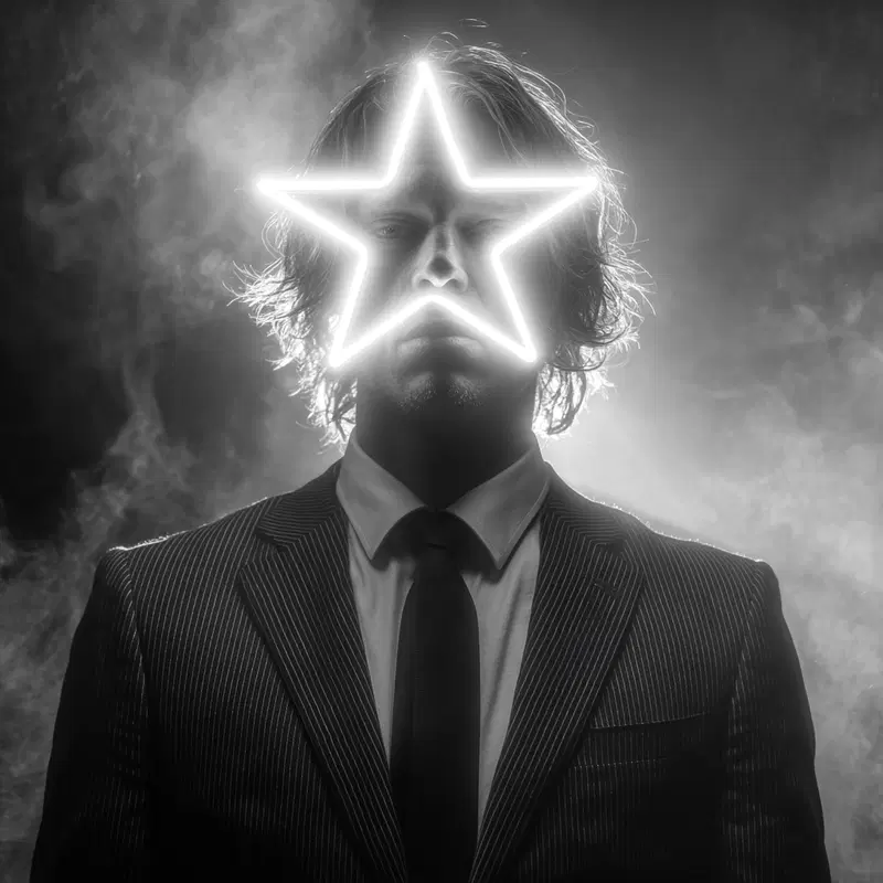 Black and white portrait of a man with a neon star over his face