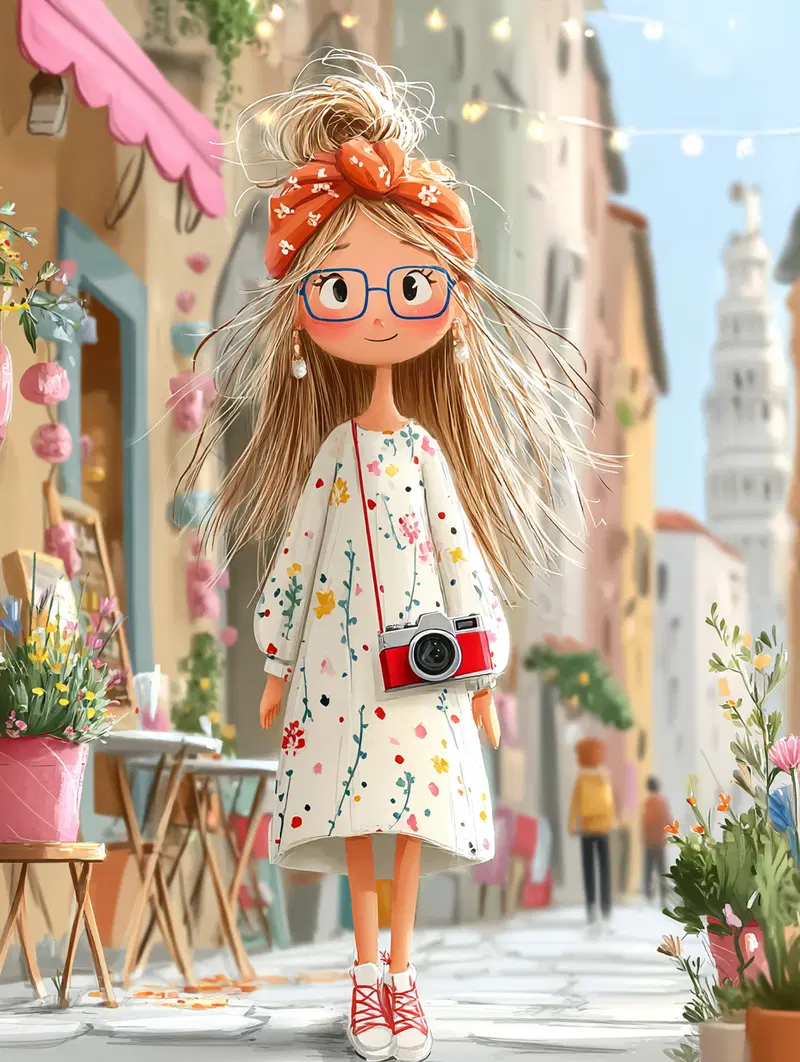 Whimsical Cute Girl Cartoon with Floral Dress and Camera in Street Art
