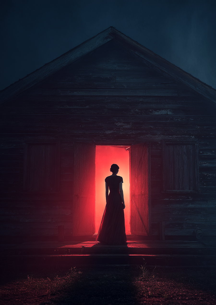 Silhouette of a woman in a long dress standing in the doorway of a dark wooden house illuminated by red light
