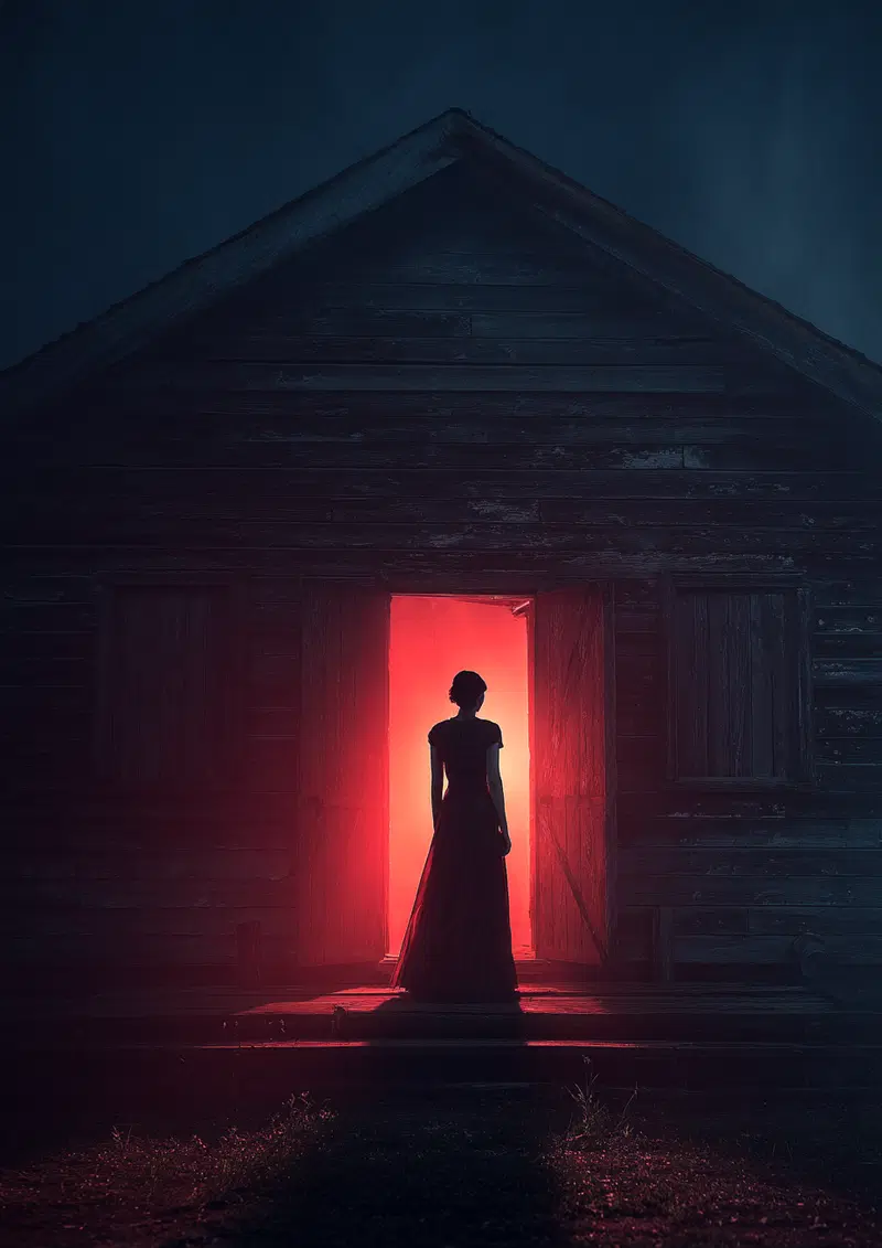 Dark Moody Art of a Woman Standing in a Red-Illuminated Doorway