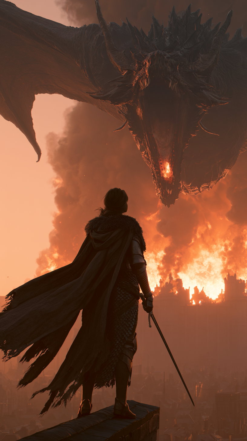 A warrior clad in dark armor and tattered cape holding a sword stands on a ledge facing a large fire-breathing dragon with wings spread, with a burning city engulfed in flames and smoke in the background.
