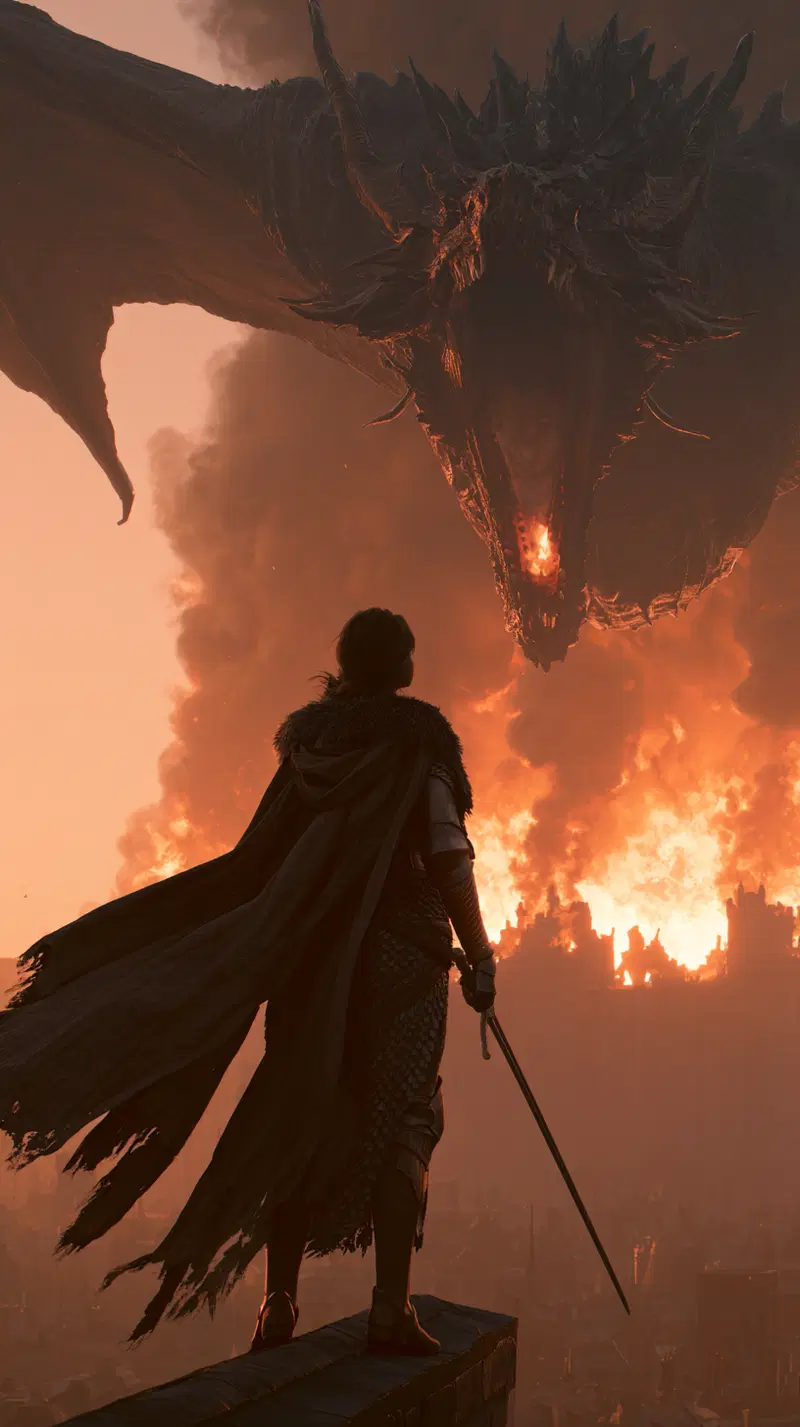 Epic Fantasy Scene of Warrior Facing Fire-Breathing Dragon Over Burning City