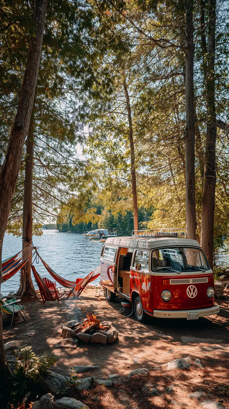 Scenic lakeside camping with vintage van, campfire, and hammocks