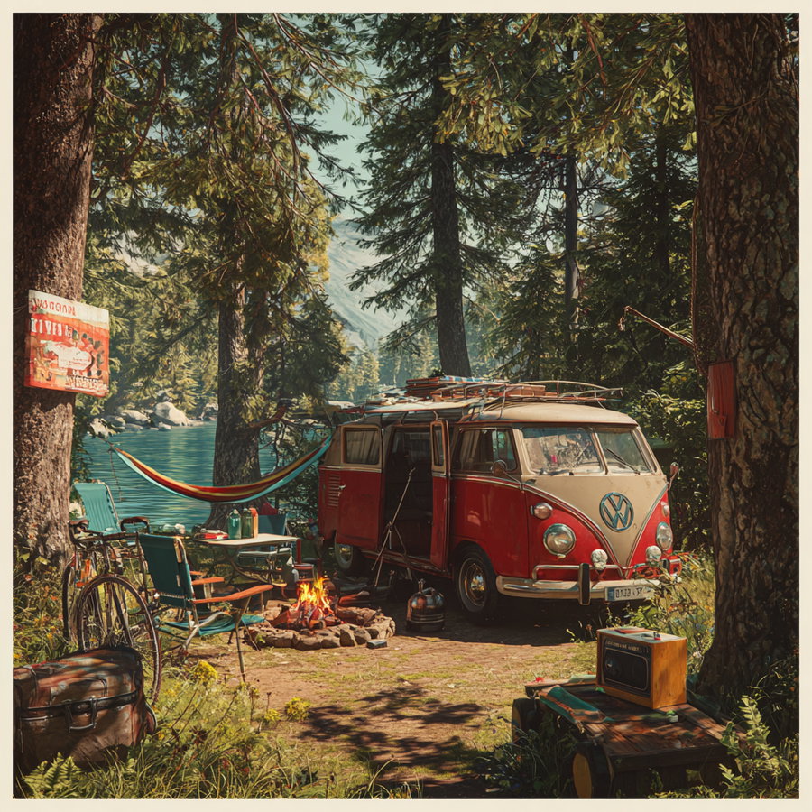 A vintage red and beige Volkswagen camper van parked in a forest by a lake with camping setup including a campfire, chairs, hammock, a bicycle, and a small wooden table with a retro radio.