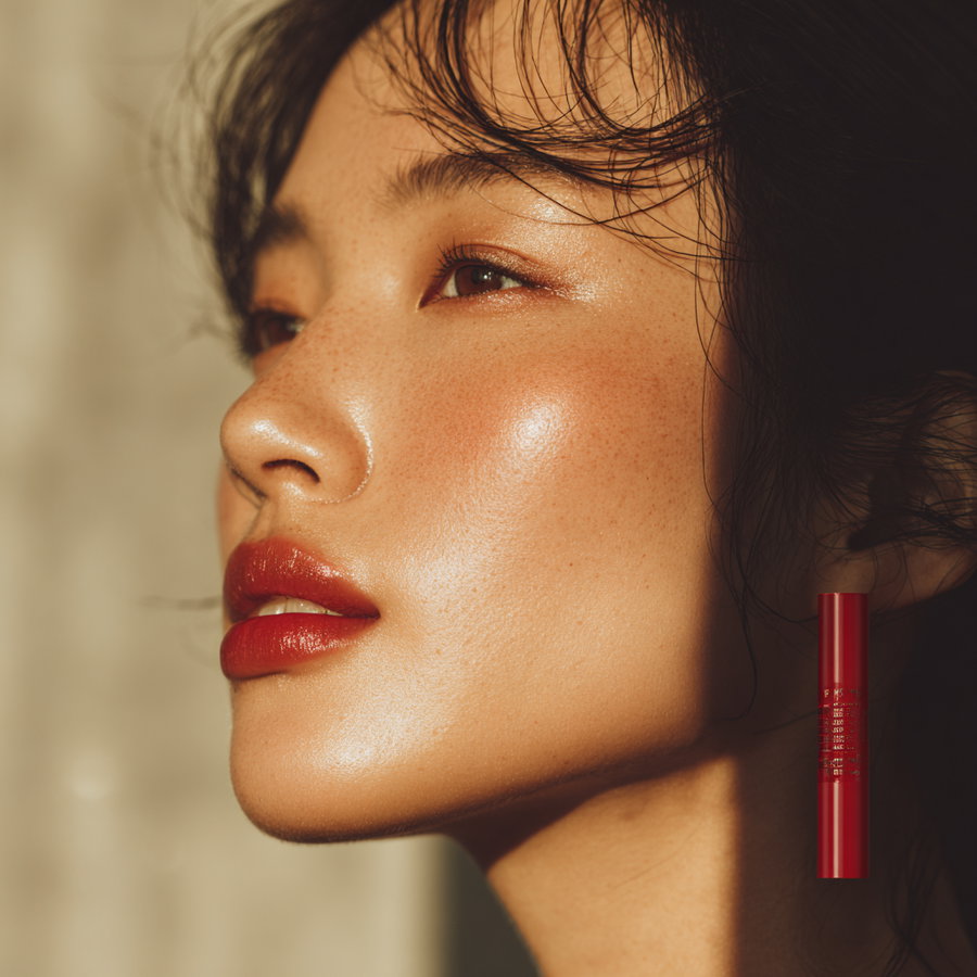 Profile of a young woman with smooth skin, subtle freckles, dark hair, and shiny red lipstick against a blurred neutral background