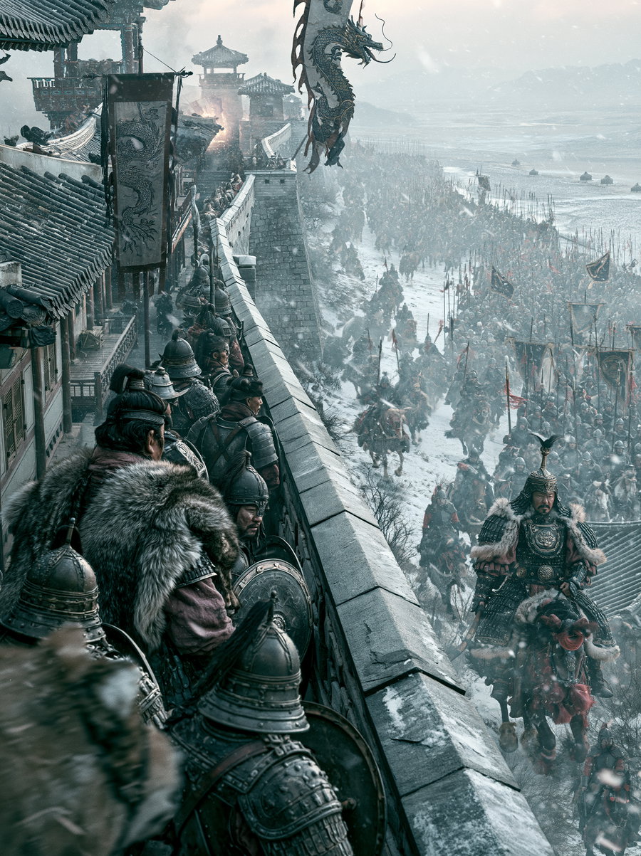 Armored soldiers and knights on a snowy castle wall overlooking a large army with horses and banners advancing through a winter landscape