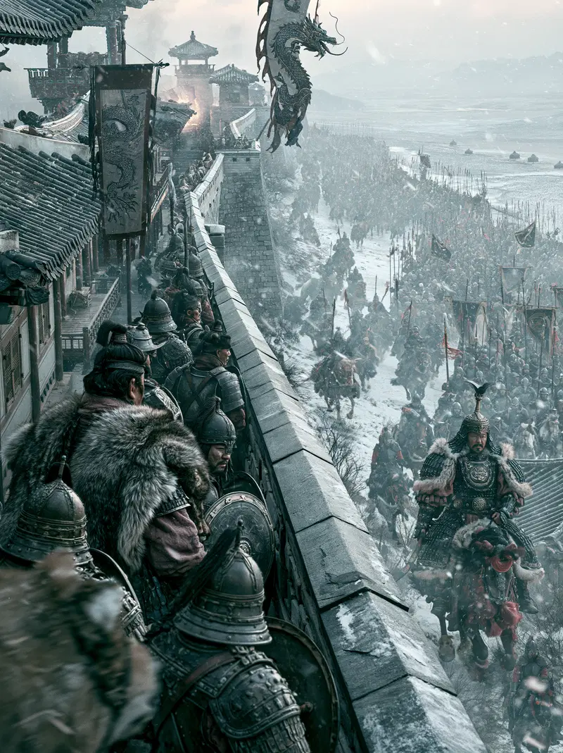 Epic Historical Battle Scene with Medieval Soldiers and Knights on Castle Walls