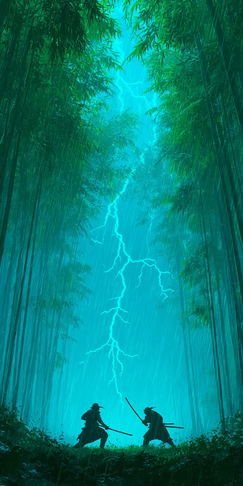 Dramatic samurai duel under bamboo forest and lightning strike