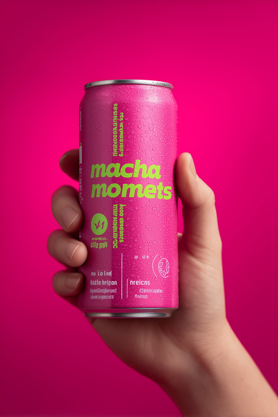 A human hand holding a pink beverage can with green text, covered in water droplets, against a bright pink background