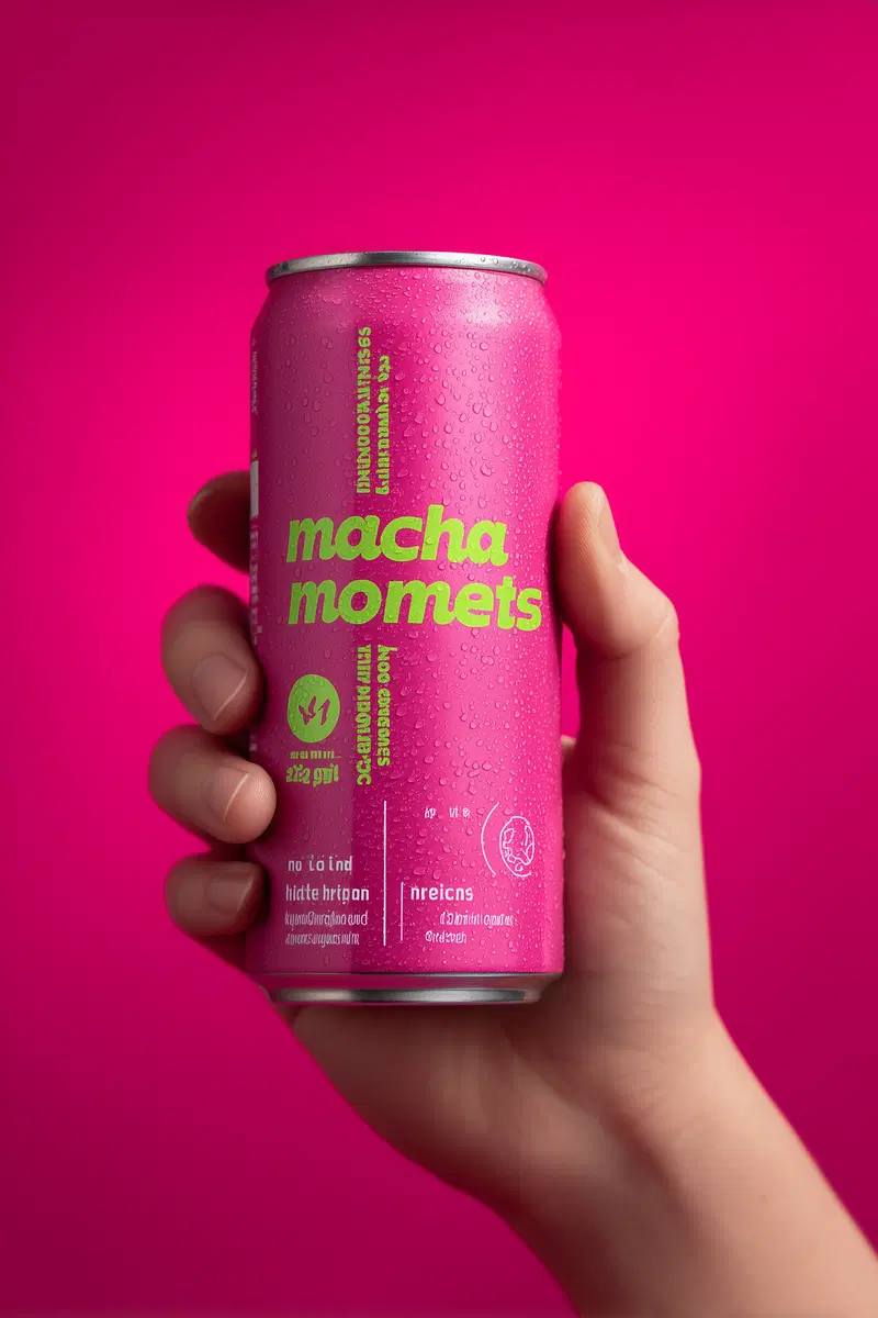 Close-up of a hand holding a vibrant pink and green beverage can with water droplets