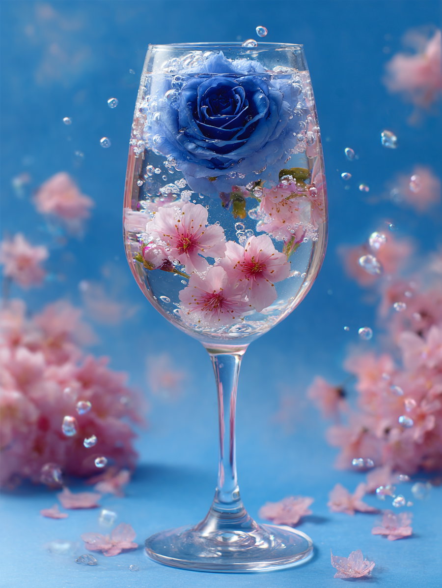 A clear wine glass filled with sparkling water containing a blue rose and pink cherry blossom flowers, with bubbles rising and pink cherry blossoms scattered around on a blue background.