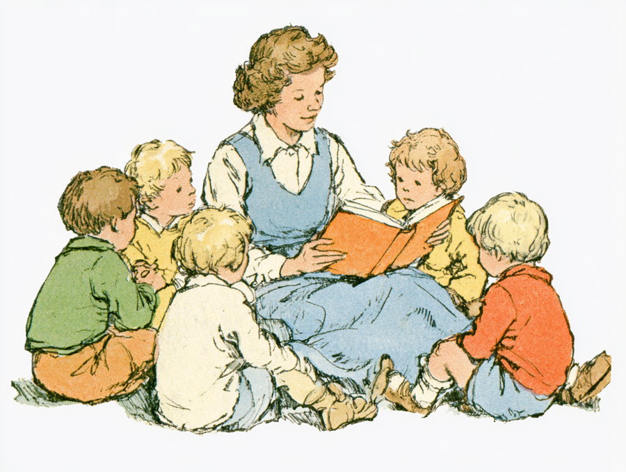 A vintage-style illustration of a woman in a blue dress reading an orange book to five children seated on the ground around her, with a plain white background