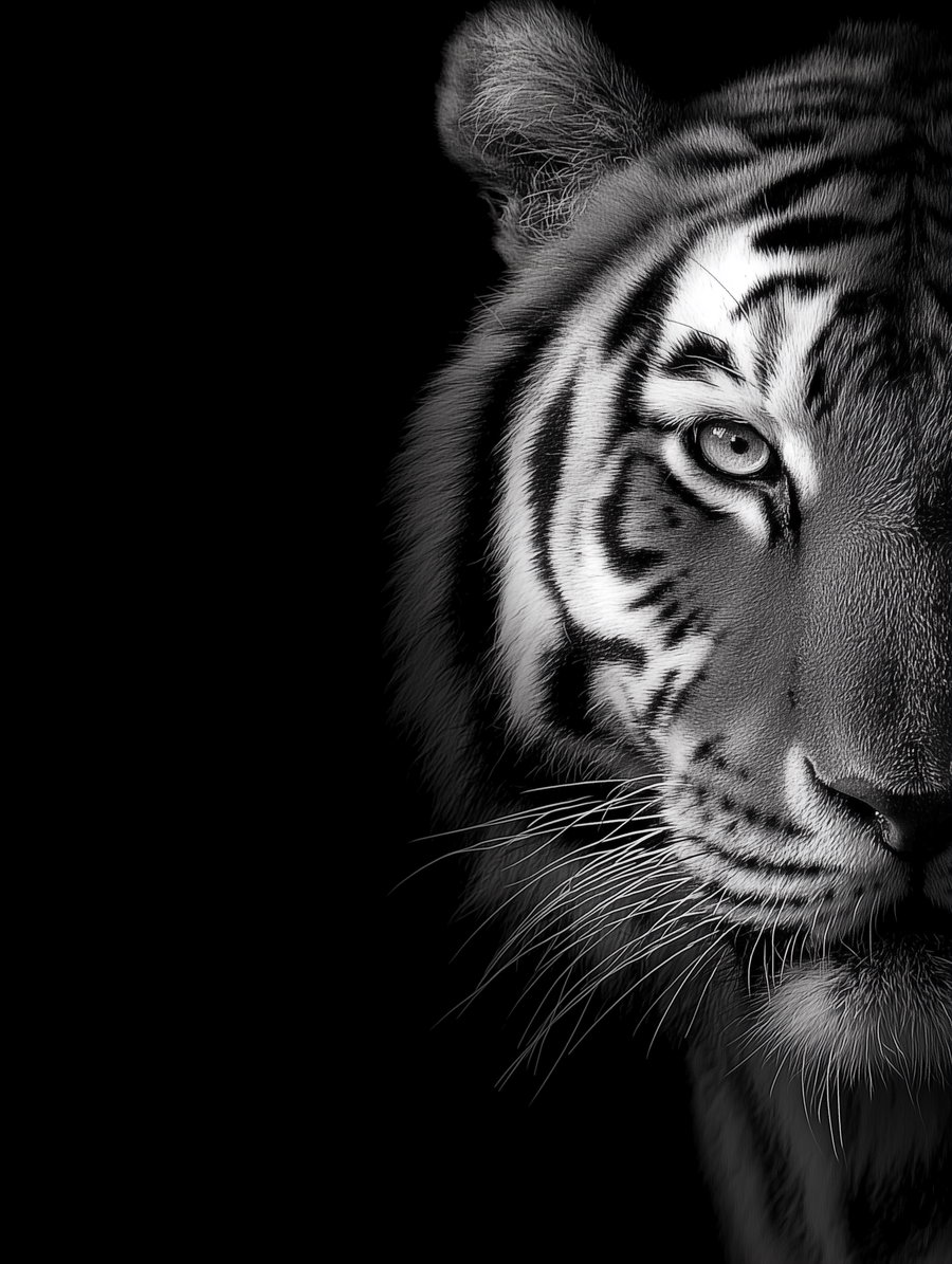 Black and white close-up of a tiger's face showing detailed fur and whiskers against a black background
