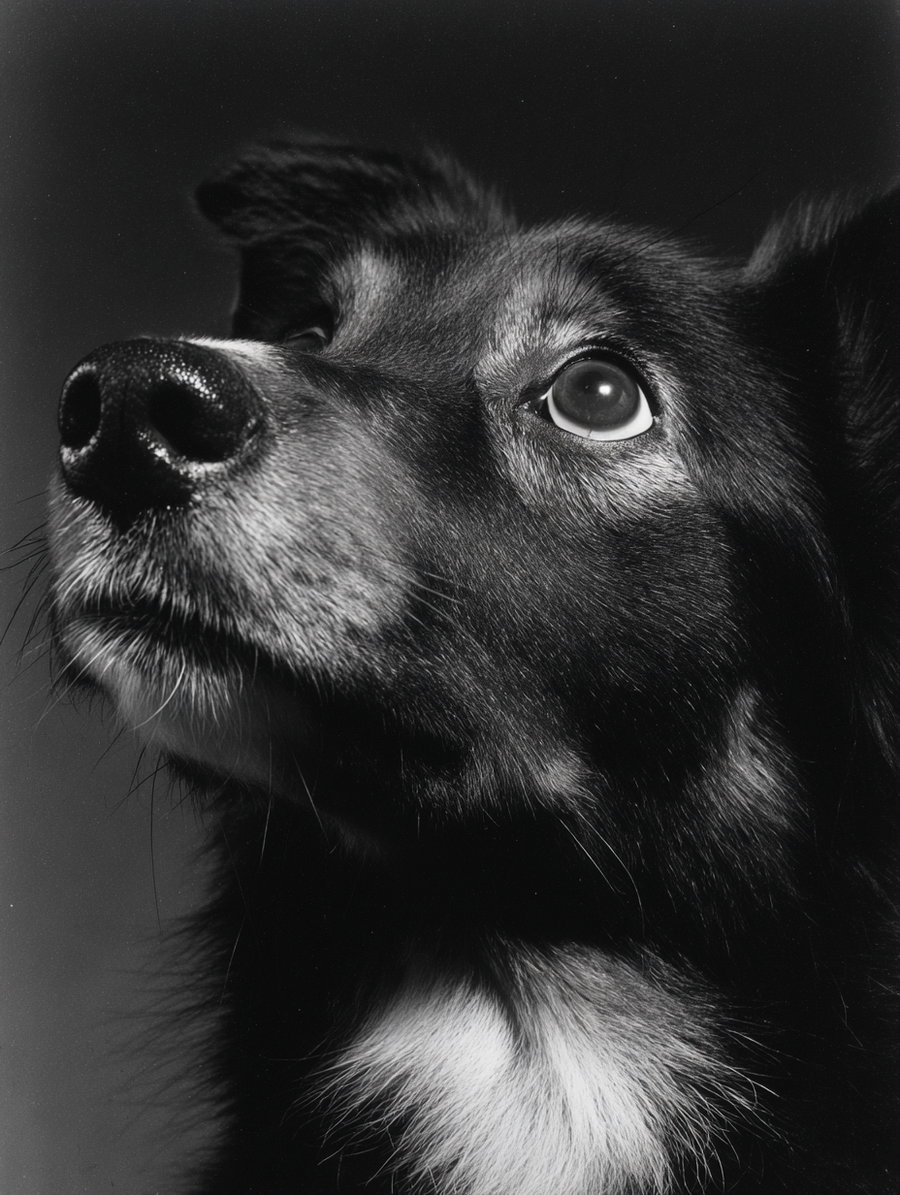 Black and white photographic close-up of a dog's face, showing detailed fur and focused eye looking upwards