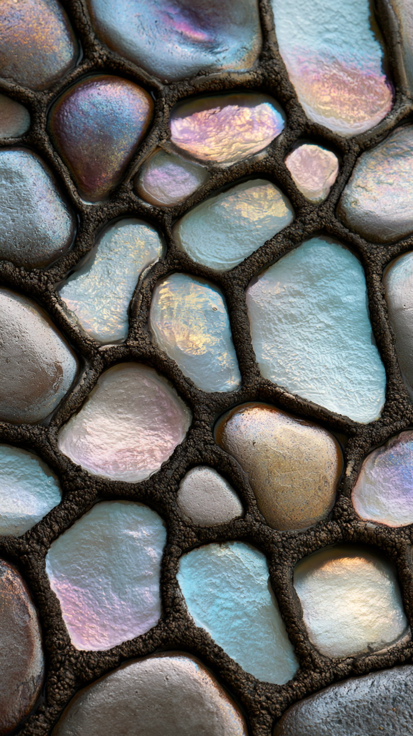 Close-up view of various smooth stones or pebbles with iridescent colors including blue, purple, pink, and gold, separated by dark textured lines