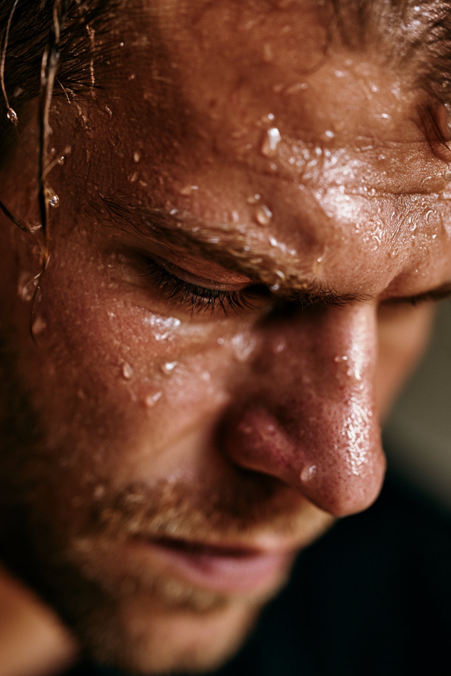 Extreme close-up of a man's face covered in sweat or water droplets, showing detailed skin texture and closed eyes with a dark, blurred background