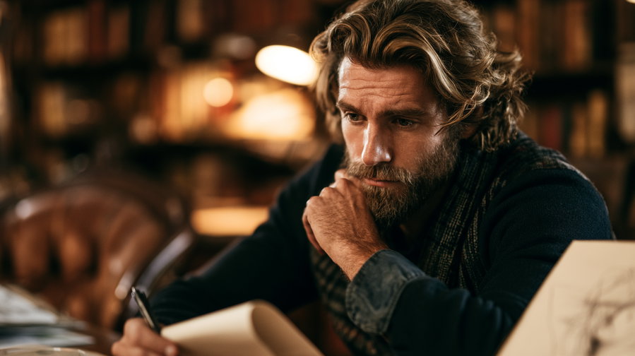 A bearded man with wavy hair sitting thoughtfully with a notebook in a cozy, warmly lit room with leather chairs and blurred bookshelves in the background