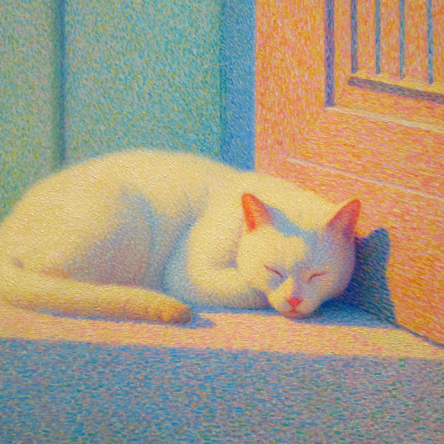 A painting in impressionist style showing a white cat curled up sleeping on the floor by a door with vibrant pastel colors and visible brushstrokes