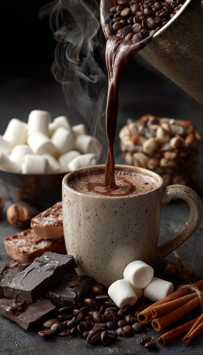Pouring hot chocolate into a ceramic mug surrounded by coffee beans, marshmallows, chocolate pieces, cinnamon sticks, and nuts
