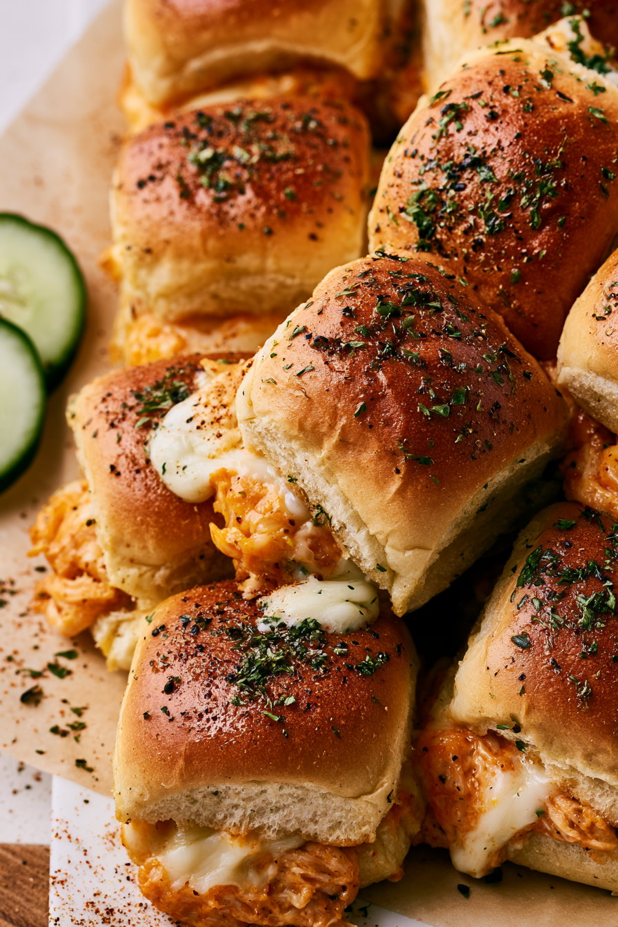 Several small sandwich sliders with melted cheese and herbs on golden brown buns, arranged on parchment paper with slices of cucumber on the side