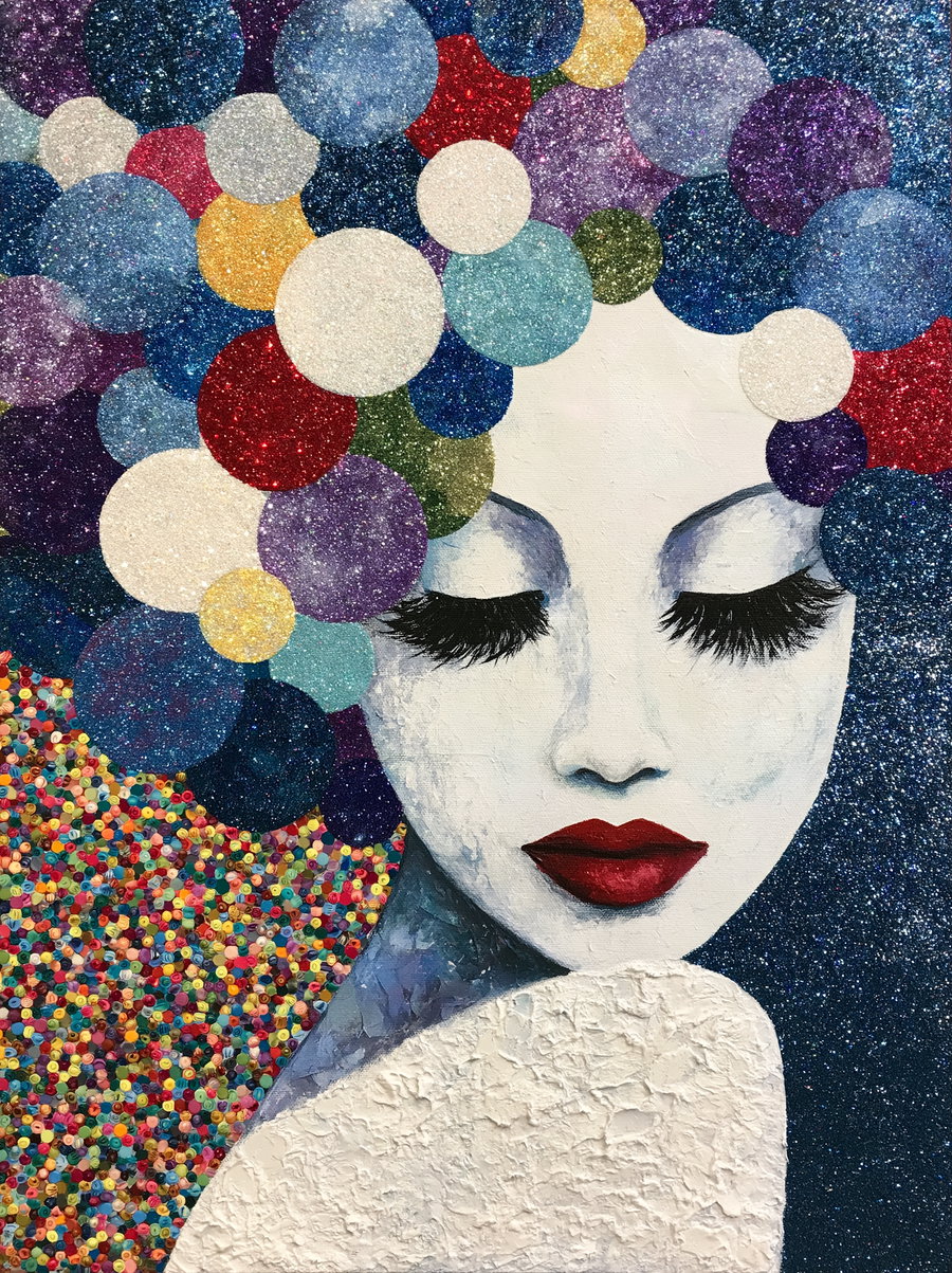 Close-up portrait painting of a woman with closed eyes, red lips, textured white shoulder, and colorful glittery circles forming her hair and background